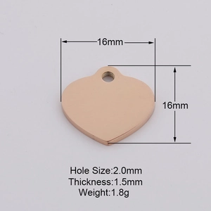 Γυαλιστερό μενταγιόν καρδιά ροζ χρυσό 16mm x 16mm με τρύπα 2.0mm και πάχος 1.5mm