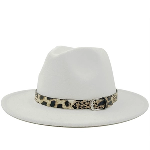 White wool fedora hat with leopard print band and metal buckle on flat wide brim