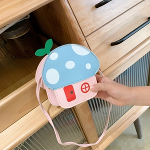 Blue and pink mushroom house shaped crossbody bag for kids in premium PU leather