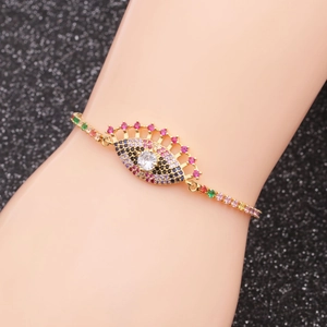 Gold plated copper bracelet with colorful zircon pavé evil eye charm for women