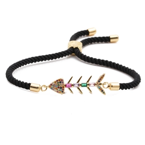 Adjustable fishbone bracelet with gold-plated copper and colorful zircon stones on black rope