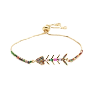 Fish Bone Pendant Bracelet Copper With Colorful Zircon Micro Pave Adjustable Chain Fashion Jewelry For Women