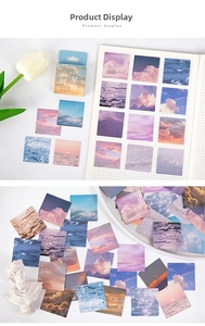 Detail of square sky theme stickers for journaling with scenic cloud and ocean designs