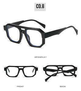 Three perspectives of black geometric aviator glasses with double bridge and thick frames