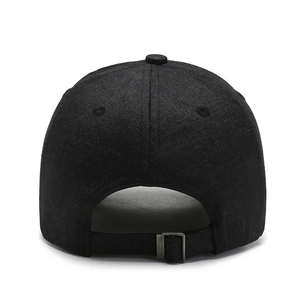 Rear view of black cotton baseball cap showing adjustable metal buckle and strap