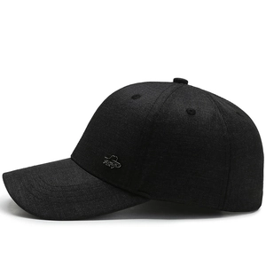 Classic black cotton baseball cap for middle-aged men with detailed metal logo side ornament