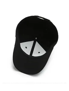 Close-up of black baseball cap interior showing sweatband and reinforced white lining