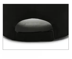 Detail view of the adjustable strap and buckle closure on the black baseball cap back