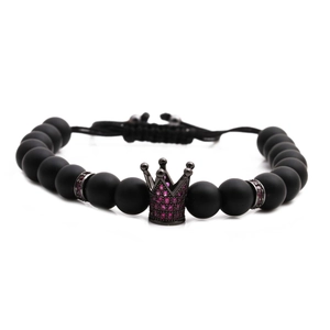 Adjustable black matte stone bead bracelet with purple rhinestone crown charm for couples