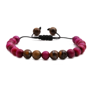 Adjustable hand-woven couple bracelet with rose red beads and tiger eye stones