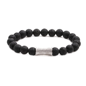 Bracelet en perles de pierre de lave avec cylindre argenté pavé pour hommes et femmes