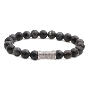 Minimalist black flash stone beaded bracelet with pavé-set zircon metal cylinder charm