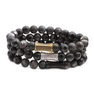 Three-piece set of 8mm grey natural stone beaded bracelets with zircon metal charms