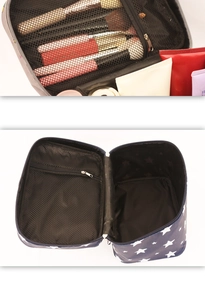 Deep blue makeup bag with white stars showing internal mesh pocket and brush storage