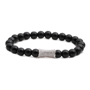 Fashionable black bead bracelet with silver micro-pave zircon cylinder focal bead