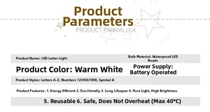 Detailed spec sheet for warm white LED letter lights showing battery power and waterproof beads