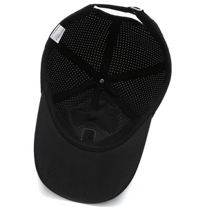 Interior view of black breathable mesh baseball cap with adjustable strap and reinforced seams
