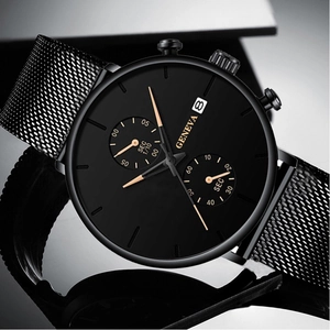 Close-up of black mesh strap watch with chronograph dials and date window detail