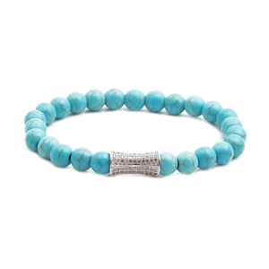 Malachite and turquoise style beaded bracelet set with silver lion head and diamond cylinder