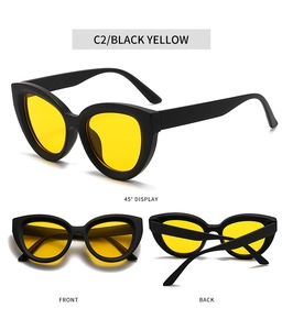 Cat eye sunglasses with black frames and yellow lenses shown from front and side angles