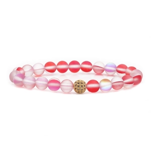 Bracelet en perles de pierre de lune rose mat avec boule en zircon doré pour hommes et femmes