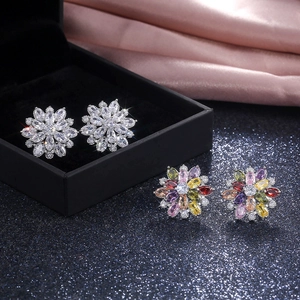 Detailed view of luxury sunflower stud earrings with multi-color and silver cubic zirconia