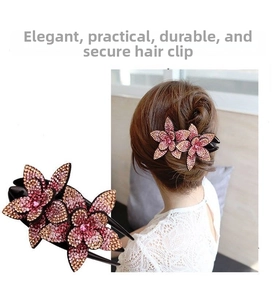 Detail of pink crystal flower hair clip with model showing elegant updo hairstyle