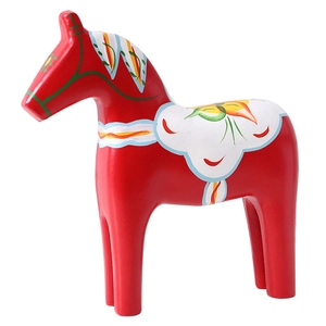 Traditional red wooden Dala horse statue with hand-painted patterns for home decor
