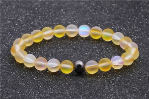Handmade moonstone beaded bracelet with matte yellow beads and grey hematite accent bead