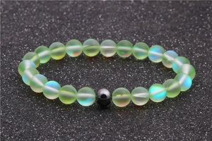 Moonstone and hematite beaded bracelet with 8mm iridescent green and dark grey glass beads