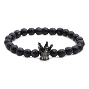 Faceted Blue Sandstone Beaded Bracelet With Copper Zircon Crown Cylinder Charm Starry Effect Jewelry For Men Women