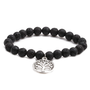 Lava stone bead bracelet featuring a silver Tree of Life pendant on a white background
