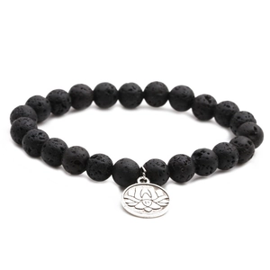 Lava stone bead bracelet with silver lotus pendant for men and women on white background