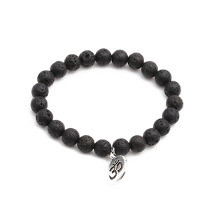 8mm black lava stone beaded bracelet with silver tree of life and Om symbol charm