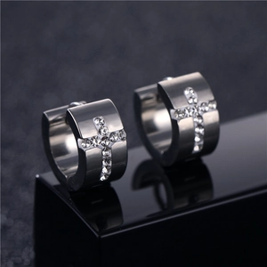 Cross Huggie Earrings Stainless Steel Rhinestone Inlaid Religious Fashion Jewelry Unisex