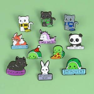 Cartoon animal enamel pins collection featuring funny unicorn, turtle, and panda badges