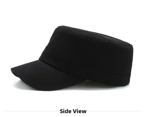 Side view of black cotton cadet cap with three embroidered stars on the side panel