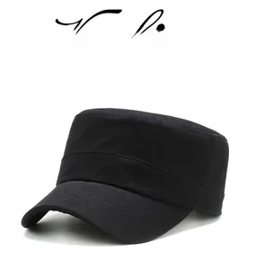 Detail of three black embroidered stars on a sturdy twill flat top military cap