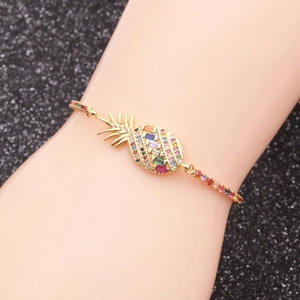 Adjustable pineapple bracelet with multi-color zircon stones on a gold-plated chain