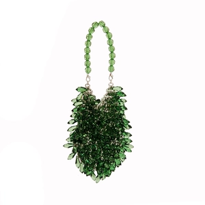Elegant forest green beaded evening bag with teardrop shape and silver metal clasps
