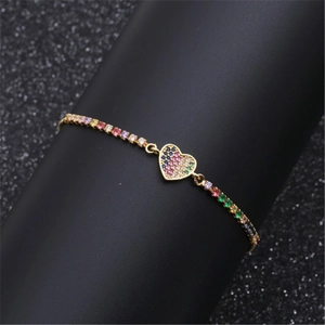Adjustable copper heart bracelet with colorful cubic zirconia in gold plating