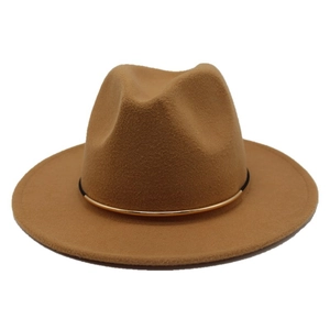 Detail of camel wool fedora hat featuring a minimalist gold metallic band decoration