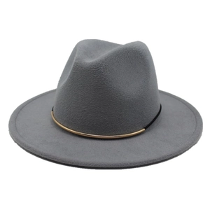 Close-up of wide brim grey fedora hat with elegant gold metal band and felt texture