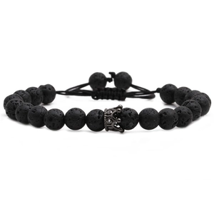 Geflochtenes Lavastein-Armband mit schwarzer Krone und klaren Kristallen