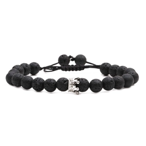 Lavastein-Perlenarmband mit silbernem Kronenanhänger und verstellbarem Webband für Unisex
