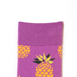 Purple cotton mid-calf socks with yellow pineapple pattern and knitted elastic cuffs