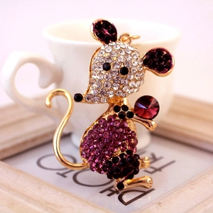 Sparkling crystal mouse keychain accessory with purple and white rhinestones in gold plating