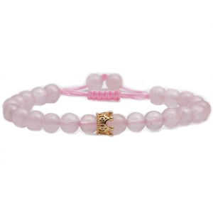 Pink quartz bead bracelet with gold crown charm and adjustable woven strap for women