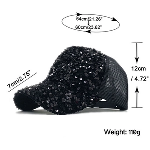 Detailed size chart for black sequin baseball cap with breathable mesh and adjustable strap