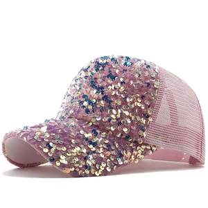 Pink holographic sequin trucker hat with breathable mesh and reflective baseball cap brim